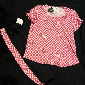 Fashion Nova Kids-Pink Checkerboard Heart Top and Black Leggings Set
